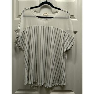 Flower & Feather Women's Size 2X Blue White Striped Sheer Neck Cuff Sleeve Top